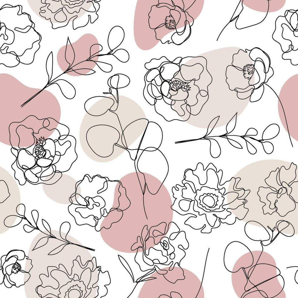 Vector seamless hand drawn pattern, single continuous line flowers with pastel color spots. Art floral elements. Use for beauty design elements, nature backgrounds, textile, package