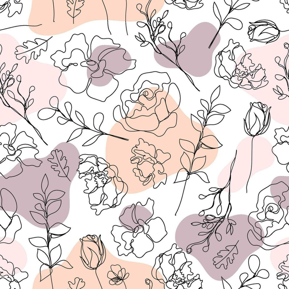 Vector seamless hand drawn pattern, single continuous line flowers with pastel color spots. Art floral elements. Use for beauty design elements, nature backgrounds, textile, package