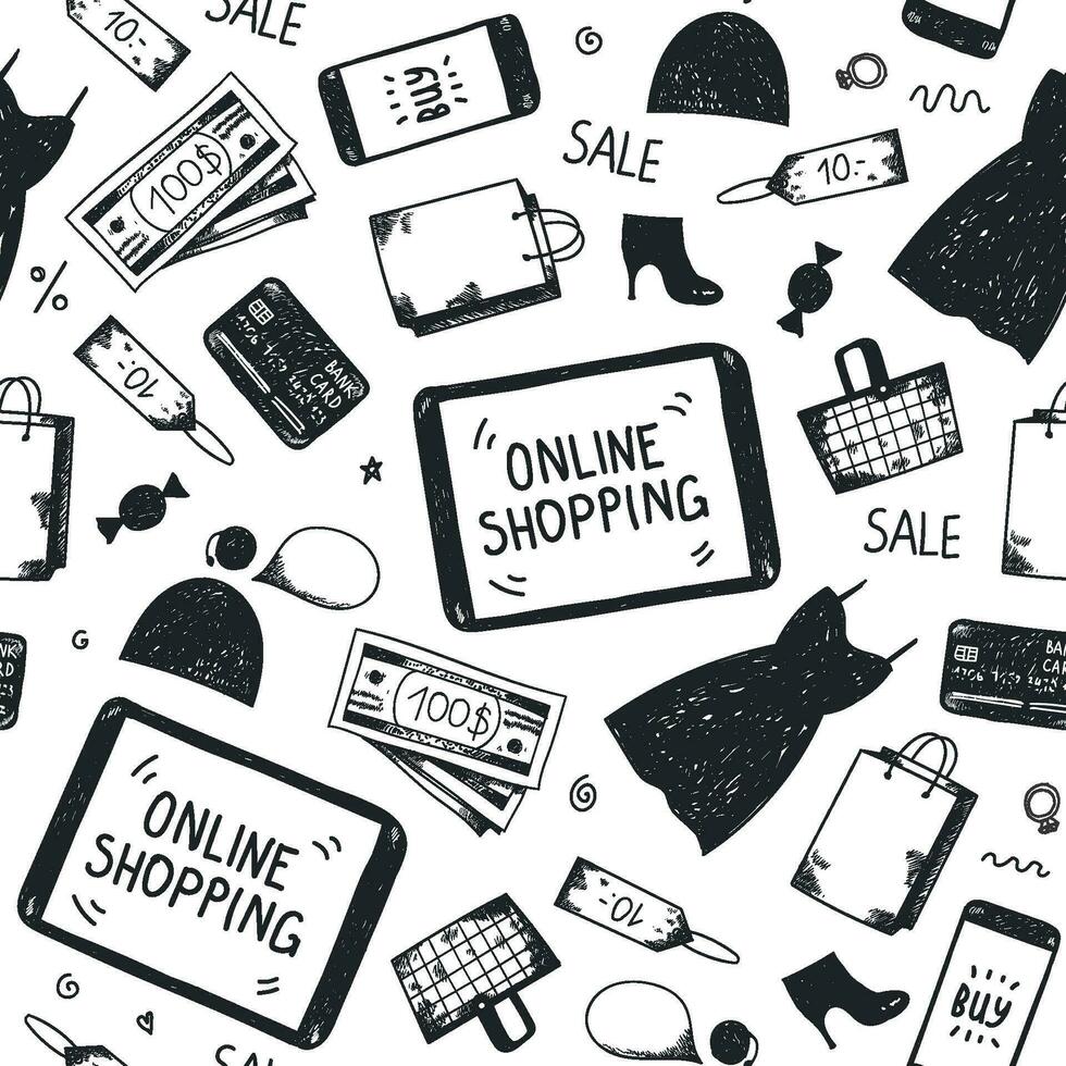 Vector seamless hand drawn pattern. Online shopping
