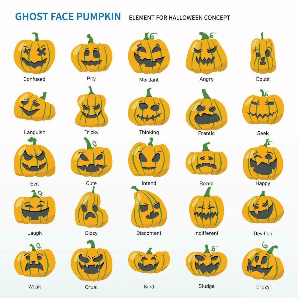 Ghost face pumpkin cartoon set, element for Halloween project. Same as confuse, confused, pity, doubt, languish, dizzy, weak, evil, devil, angry, tricky, think, thinking, frantic, seek, cute, bored. vector