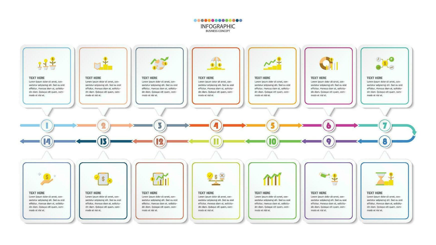 Infographic process design with icons and 14 options or steps. vector