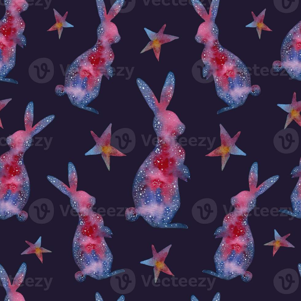 Galactic pattern with a hare and stars.Suitable for decorating a children's room, clothes. photo