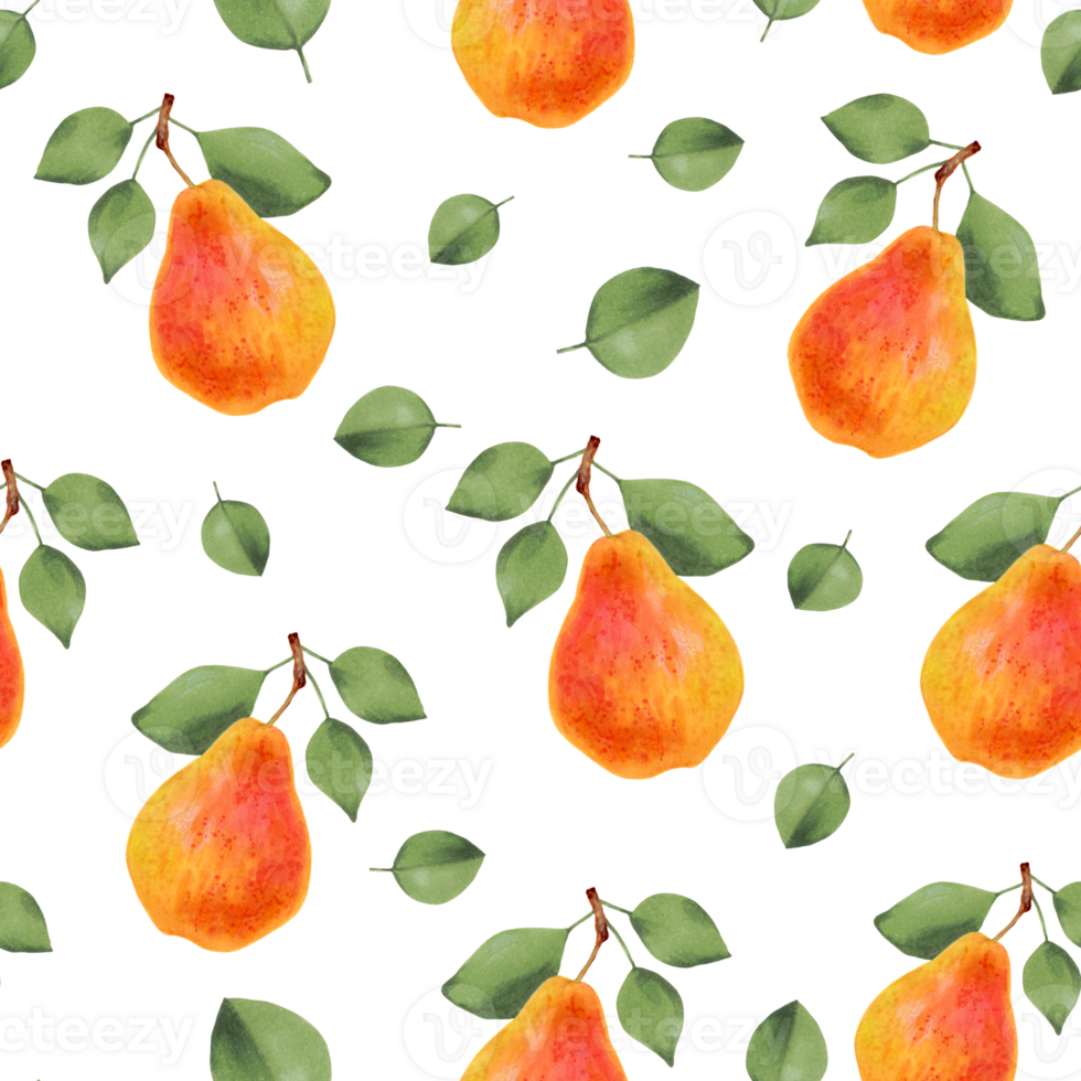 Fruit pattern. Seamless pattern of pears and leaves. Botanical artwork with delicious food to decorate your design.Watercolor and marker illustration. png