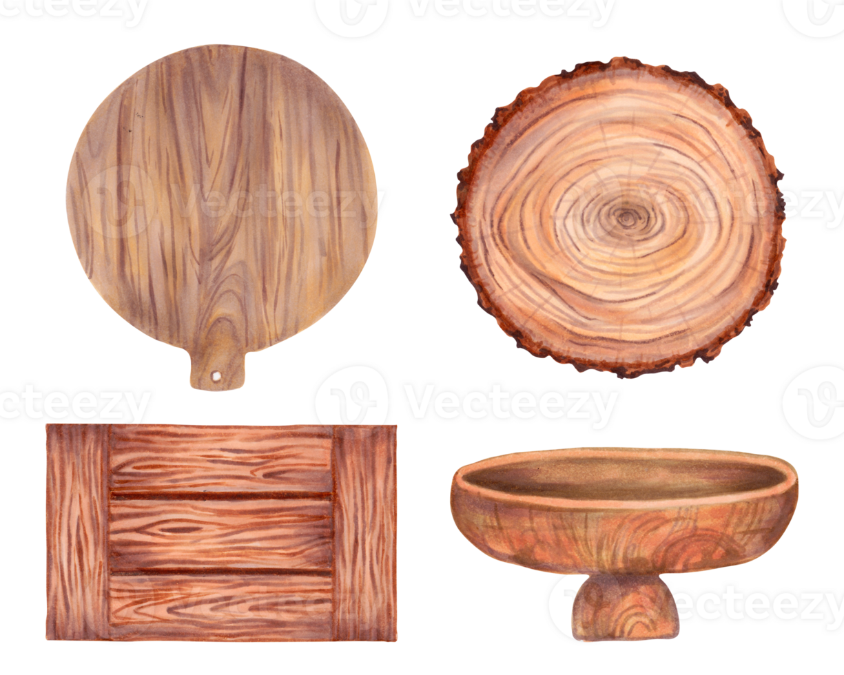 Set of wooden objects.Cutting board,stump,box,bowl.Wood texture with cracks and veins.Natural material.Draw illustration with markers and watercolors. png