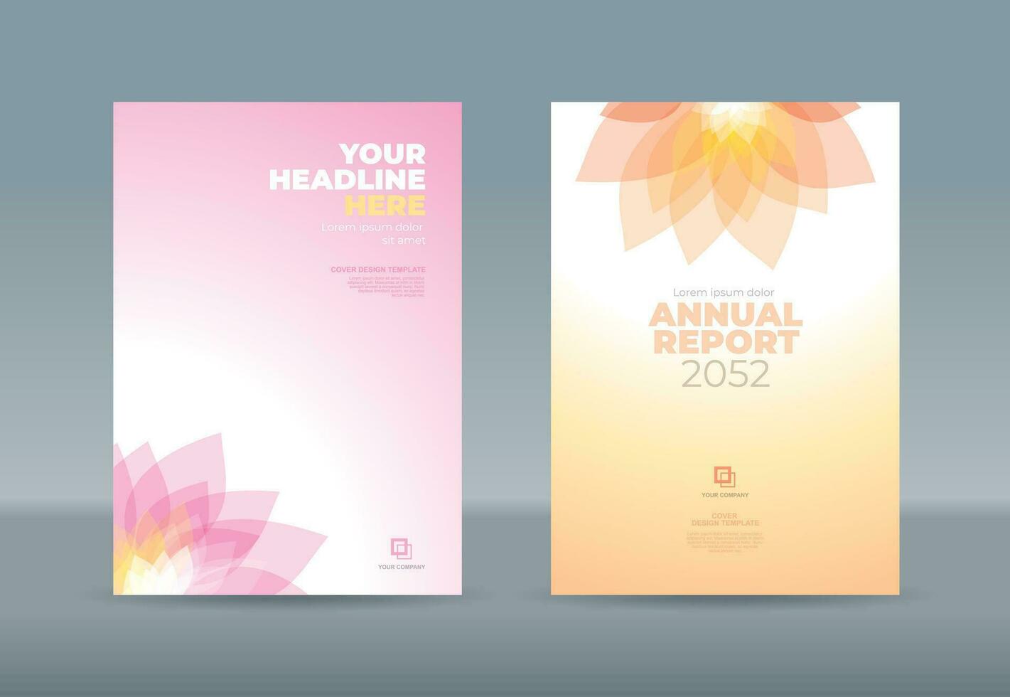 Abstract transparent pink orange flower petals on white gradation background. A4 size book cover template for annual report, magazine, booklet, proposal, portfolio, brochure, poster vector
