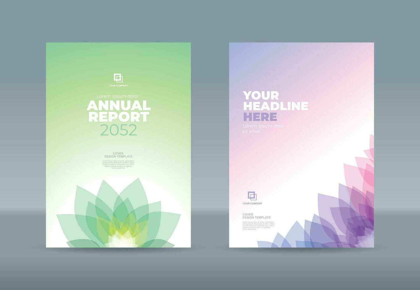 Abstract transparent green blue magenta purple flower petals on white gradation background. A4 size book cover template for annual report, magazine, booklet, proposal, portfolio, brochure, poster vector