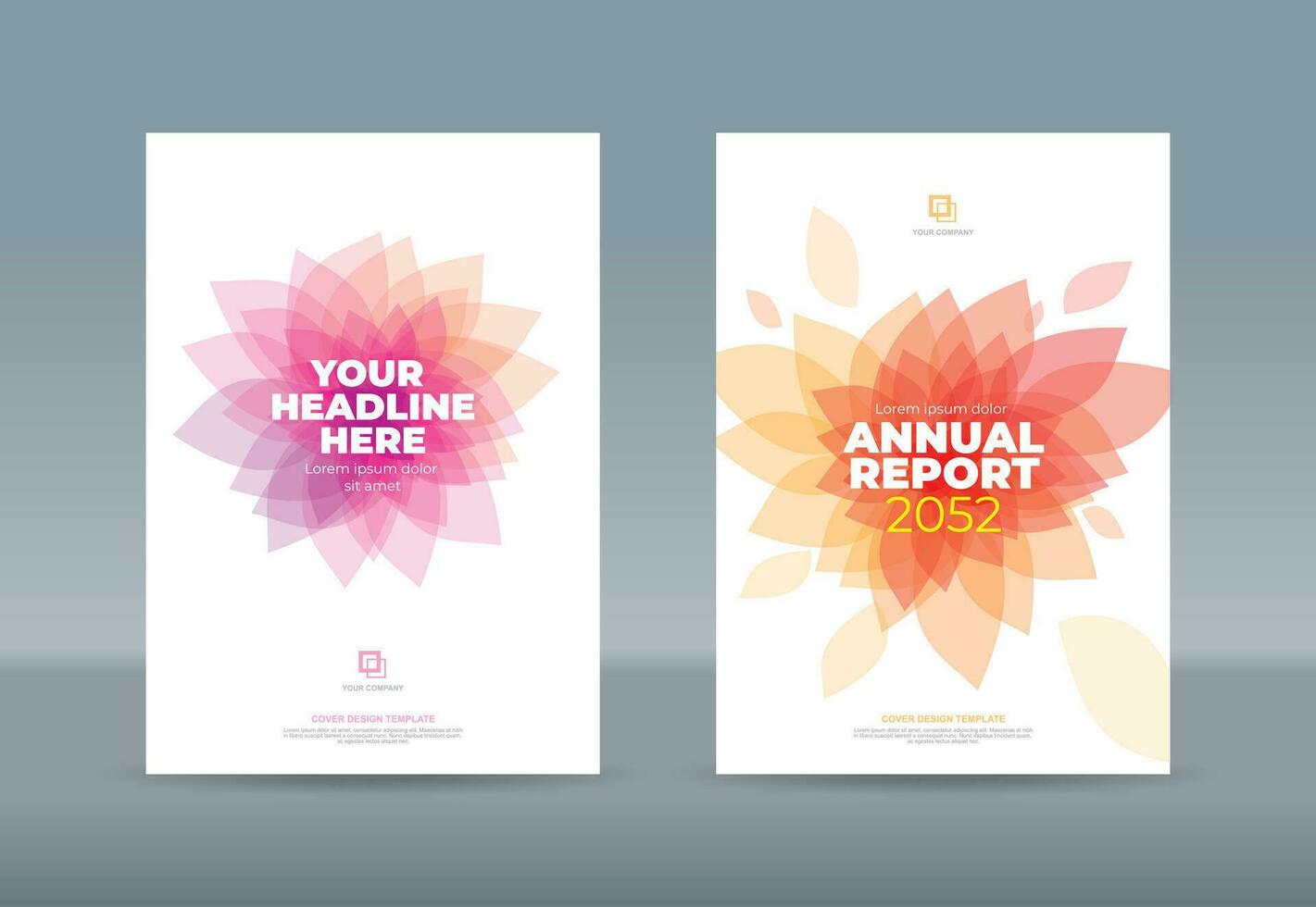 Abstract transparent magenta red orange flower petals on white background. A4 size book cover template for annual report, magazine, booklet, proposal, portfolio, brochure, poster vector