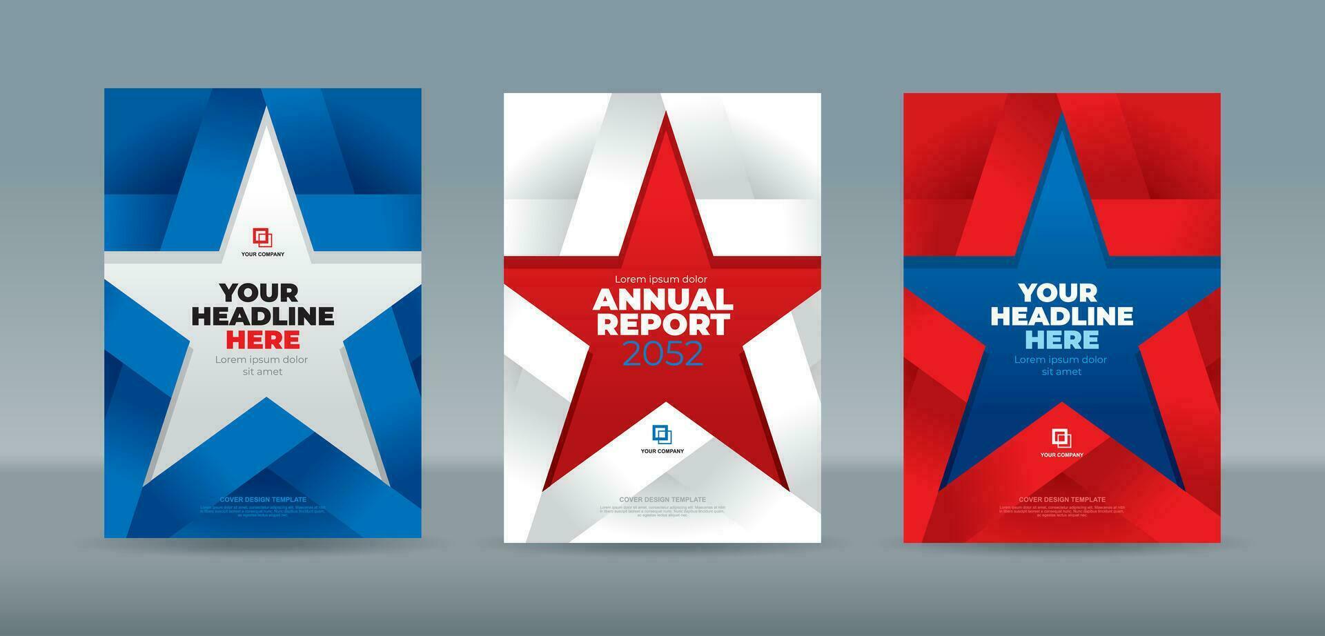 Blue, white and red illustration of a folded ribbon in the shape of a five-sided star on gradation background. A4 size book cover template for annual report, magazine, booklet, portfolio, brochure vector