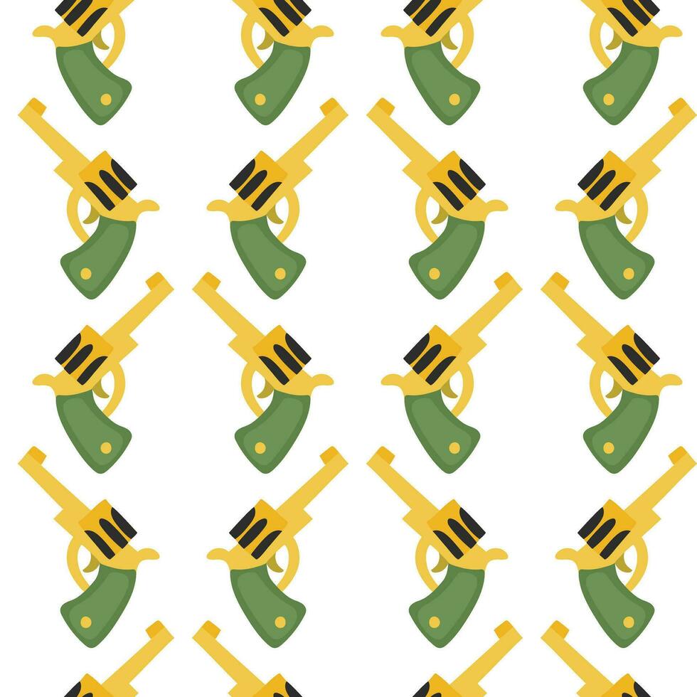 Seamless pattern with repeating revolvers in cartoon style on a white background. Green-yellow color scheme. Cowboy theme, western, wild west. Packaging Printing vector