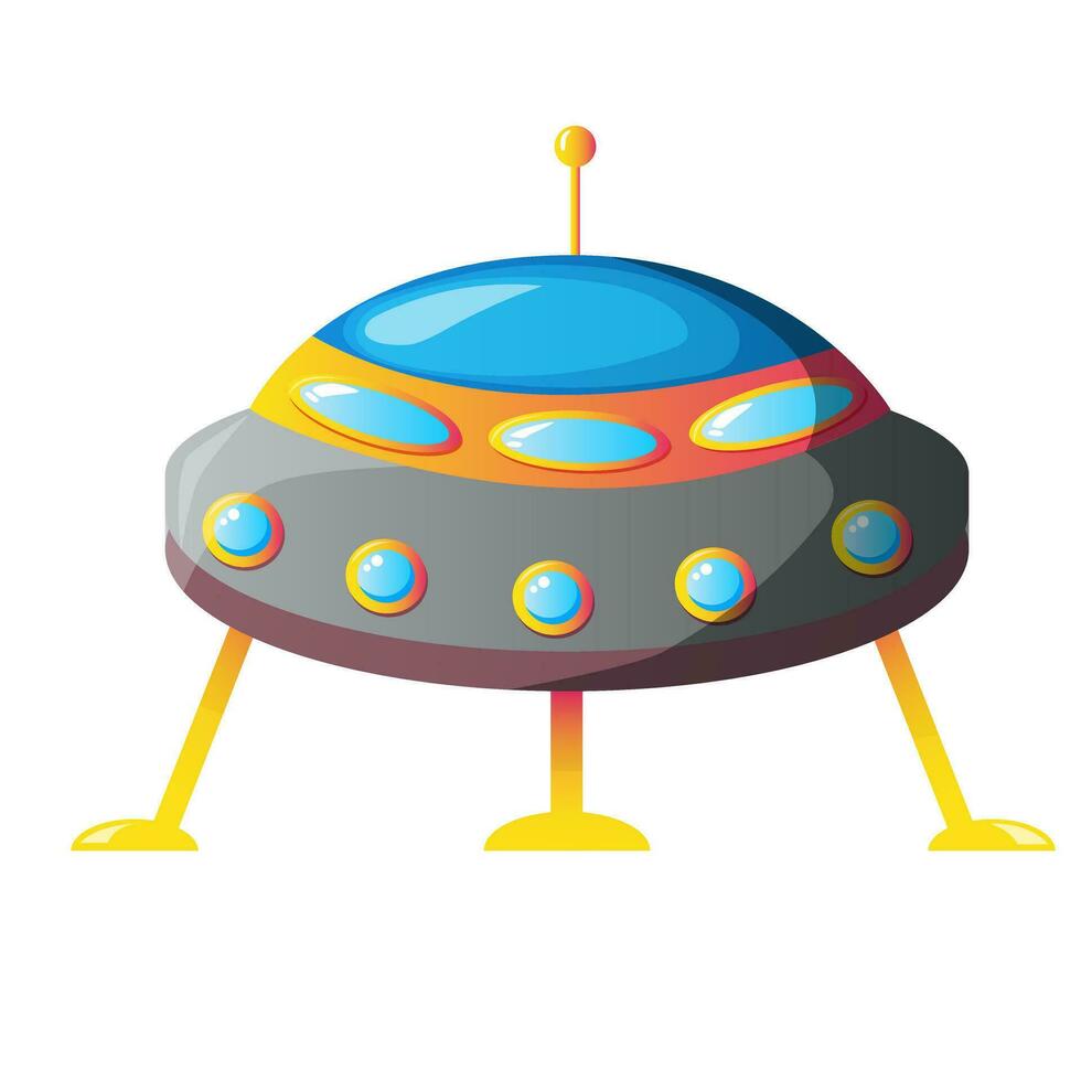 Blue UFO spaceship vector illustration. Cute alien space ship.