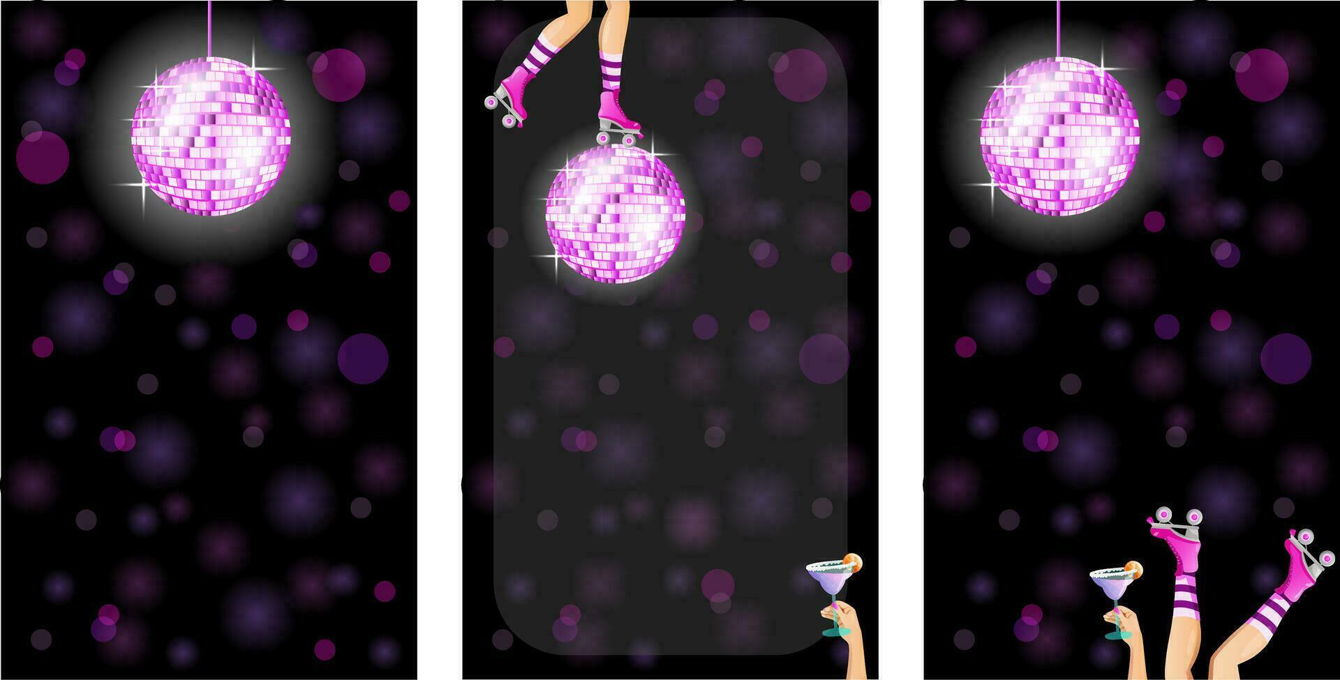 Disco invitation to cocktail party with space for text. Templates for card, invitation, cover, brochure, social media. Disco ball, female legs in rollers, cocktail in hand vector illustration.