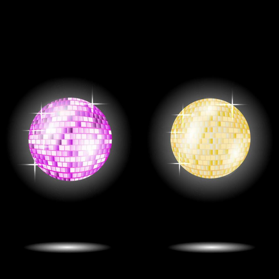 Disco ball isolated set illustration. Night Club party light element. Bright mirror pink and golden balls design for disco dance club. vector