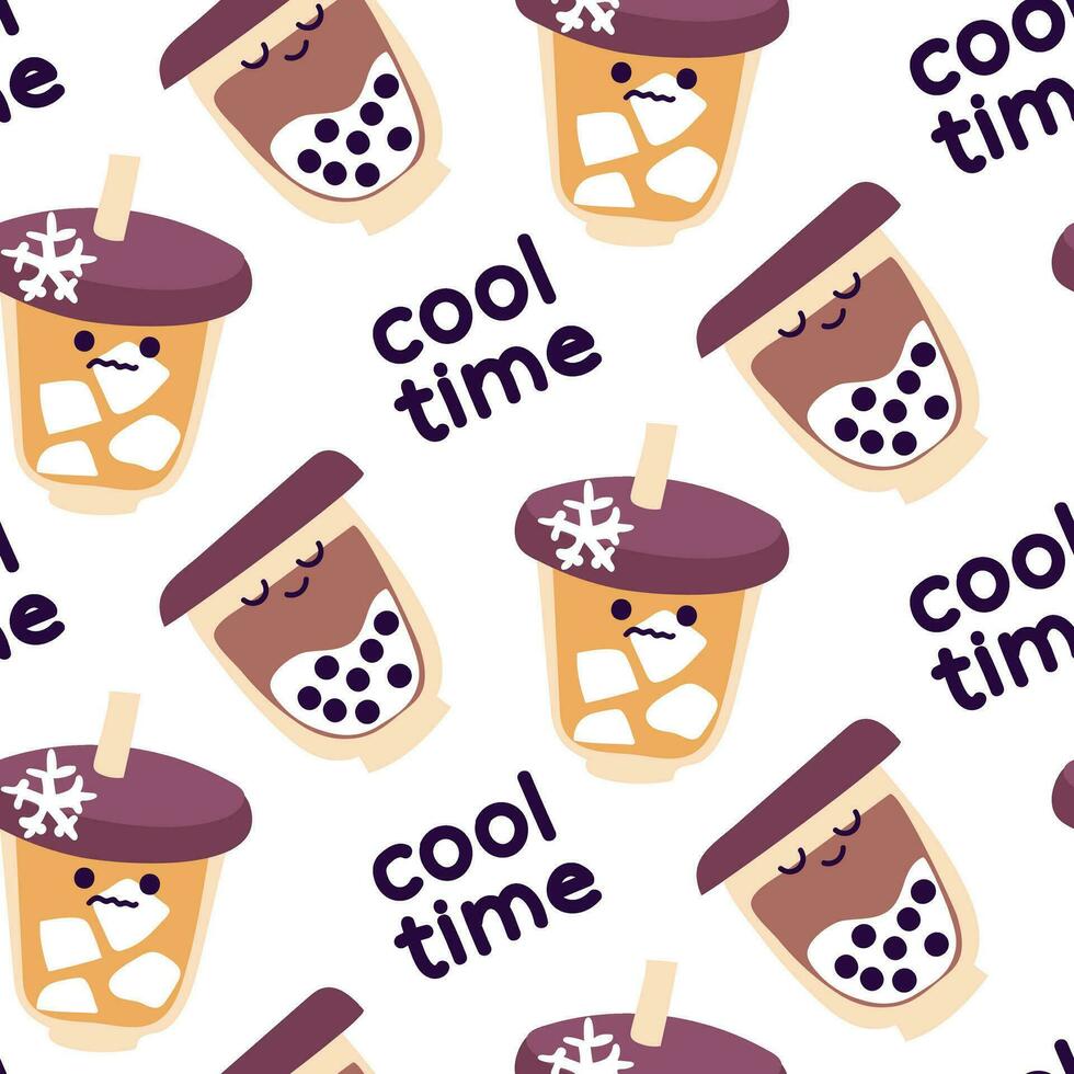 A pattern with cold drinks of bubble tea and iced coffee and milk in cheerful cups. Flat design with cold drinks. Time to cool down. Printing on the packaging for cafes and caffeine vector
