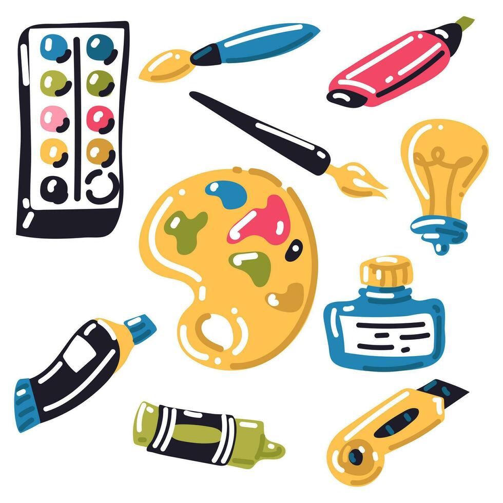 A set of vector elements of cartoon-style drawing tools. Art supplies tubes of paints, brushes, pencil, watercolor, palette, ink, ink. Modern vector illustration on a white, hand-drawn flat design