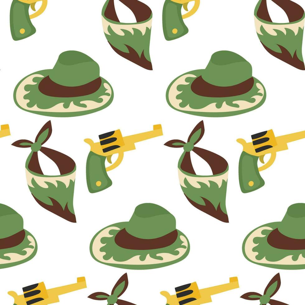 Vector illustration of a cowboy seamless pattern. Hat, revolver, bandana, western theme. Textile design, Wrapping paper, scrapbooking. Printing on textiles and paper