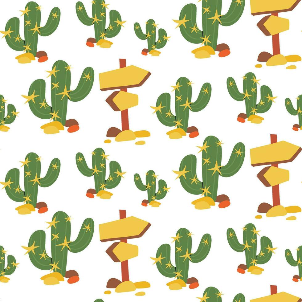A pattern of pillars showing the direction in the desert, stones, cacti and sand, vector graphics. Seamless background for printing on textiles and paper in yellow shades