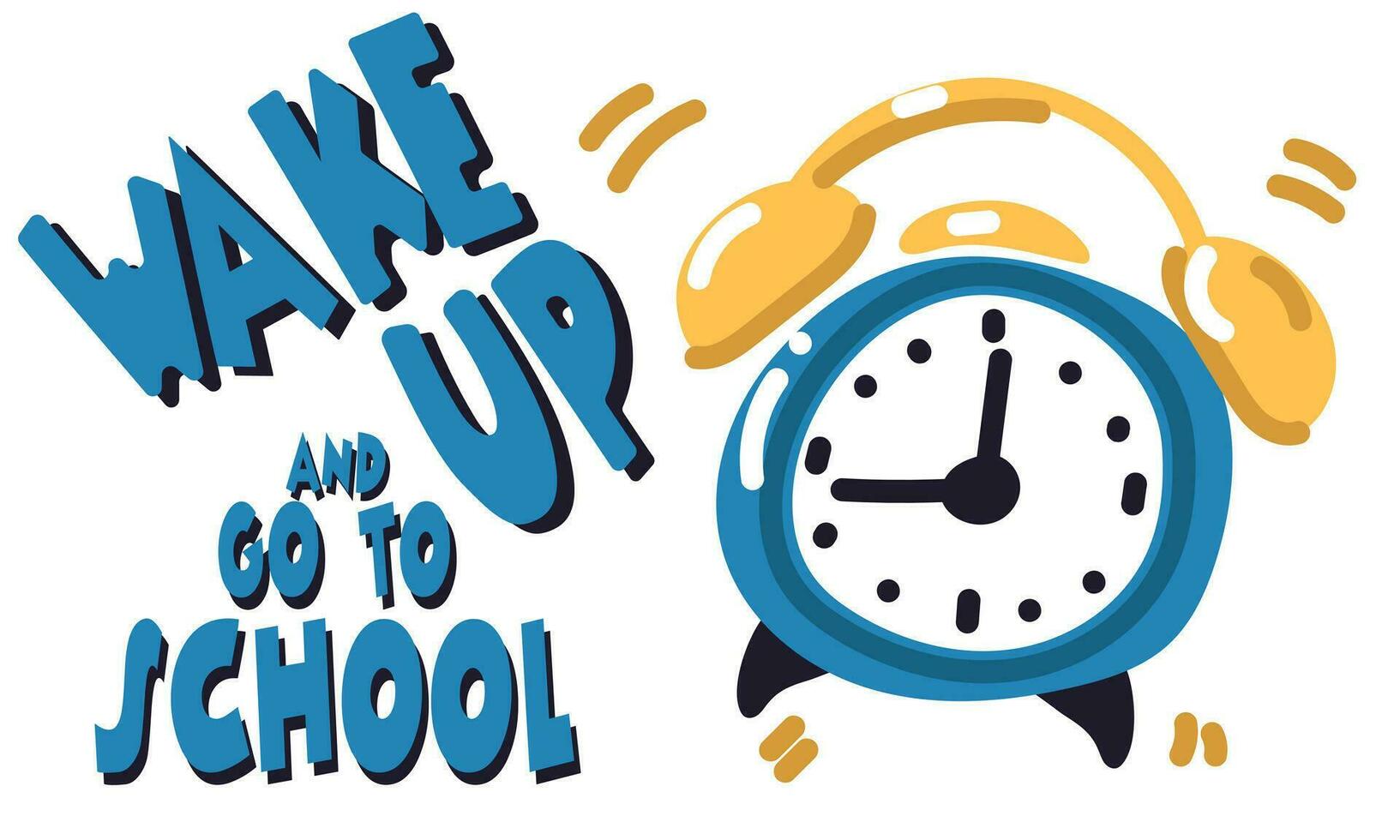 despertar arriba póster, es hora para escuela. bueno mañana, el alarma reloj anillos, y el Mañana despertar comienza motivacional tarjeta postal con un alarma reloj. para niños dibujos animados ilustración vector