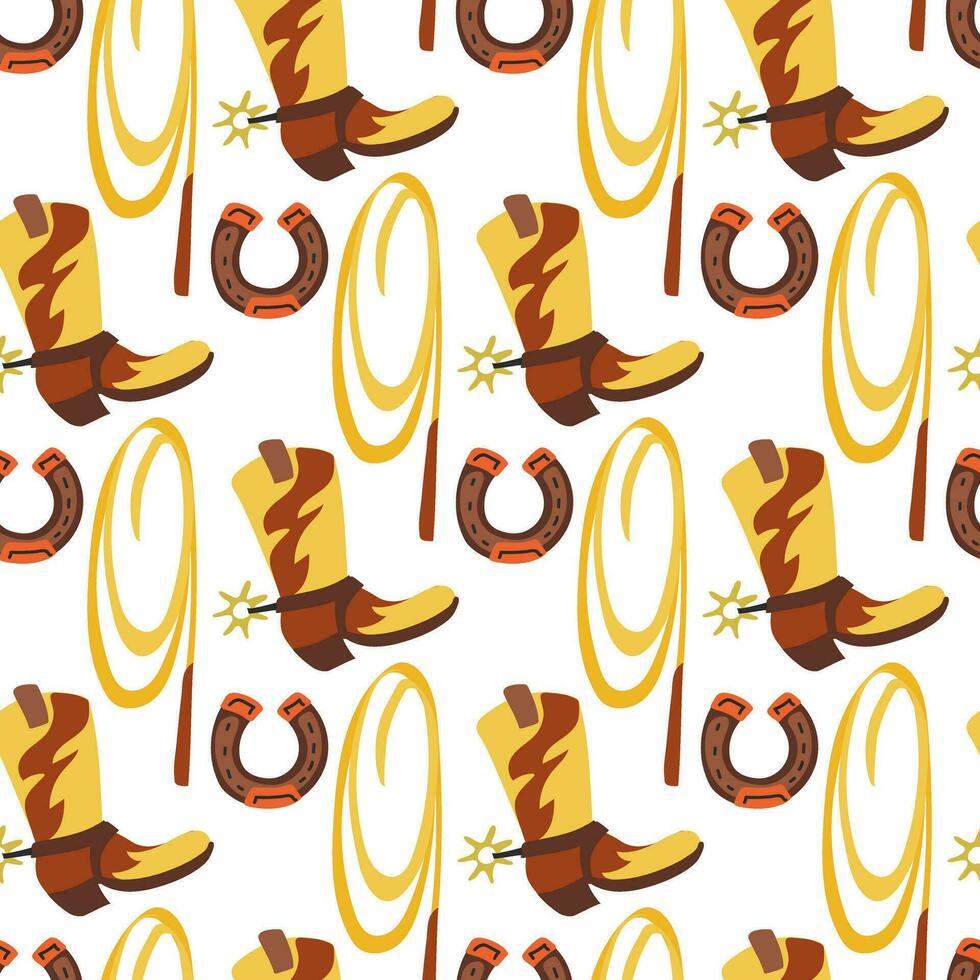 Cowboy seamless pattern with horseshoe, lasso, cowboy boot, desert. Vector flat graphics. Western packaging in shades of the desert. Printing on textiles and paper
