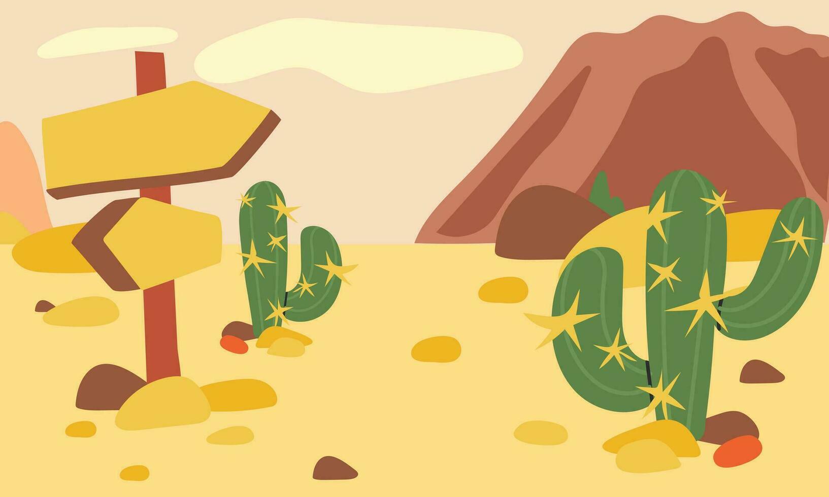 Vector illustration of a desert landscape. Wild West, in the desert of West Texas with mountains and cactus in a flat cartoon style. Illustration for printing on postcards and books