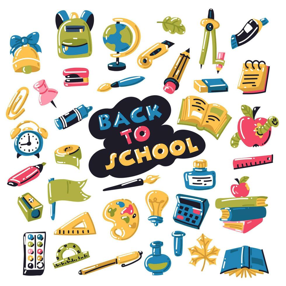A large bright set of school elements in cartoon style. School and office items in a color vector. A collection of back to school stickers for children with school supplies and a large inscription vector