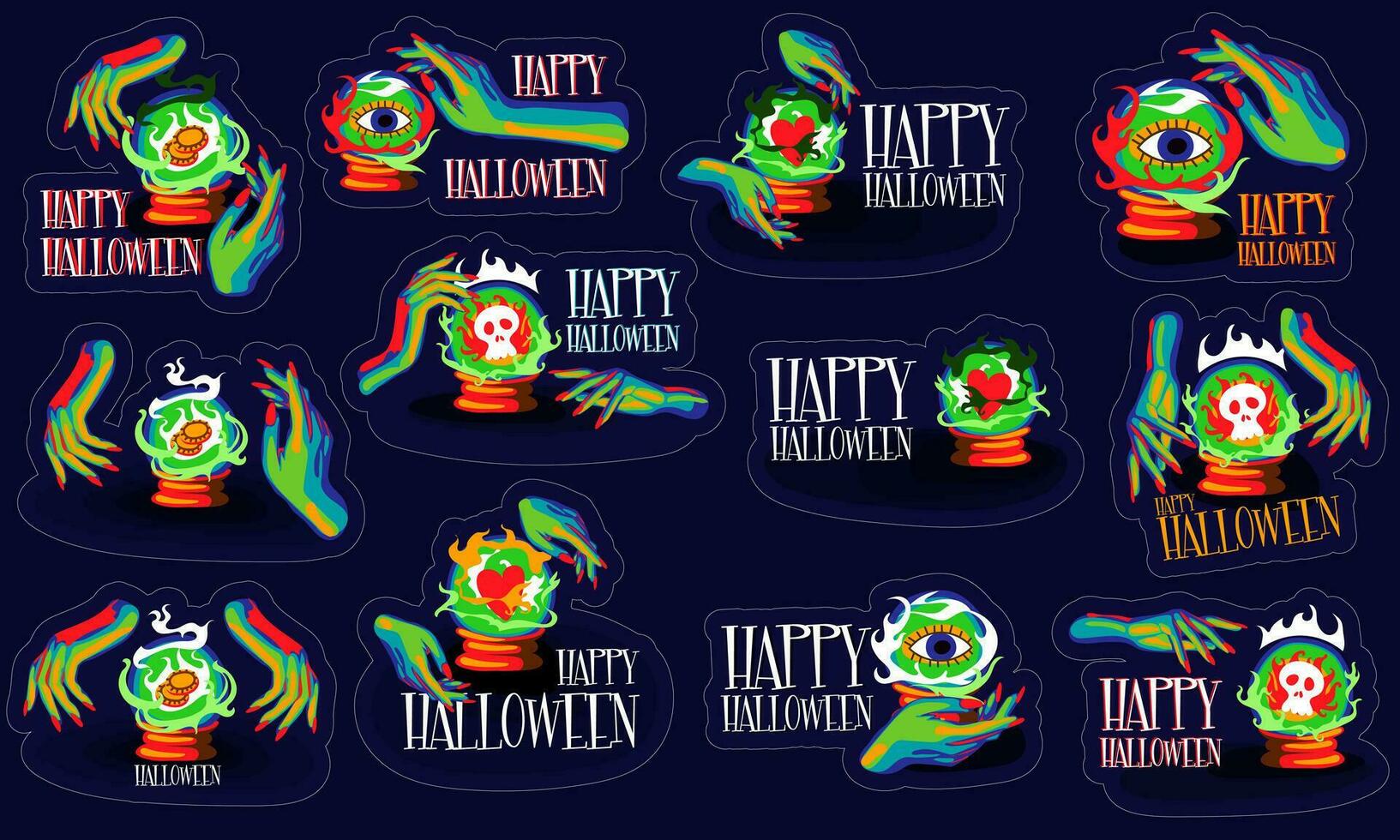 A set of Halloween stickers on a dark background. A witch, a fortune teller with a divination ball and a prediction inside. Colorful bright witch hands and predictions of eyes, heart, money, death vector