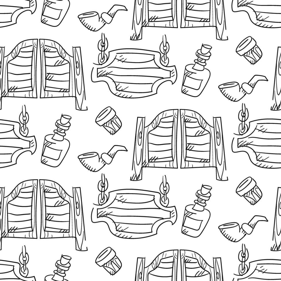 Pattern saloon door with a pattern, signboard, whiskey bottle, shot glass, smoking pipe coin in linear style. Vector ornament on a white background. Themed western, cowboy