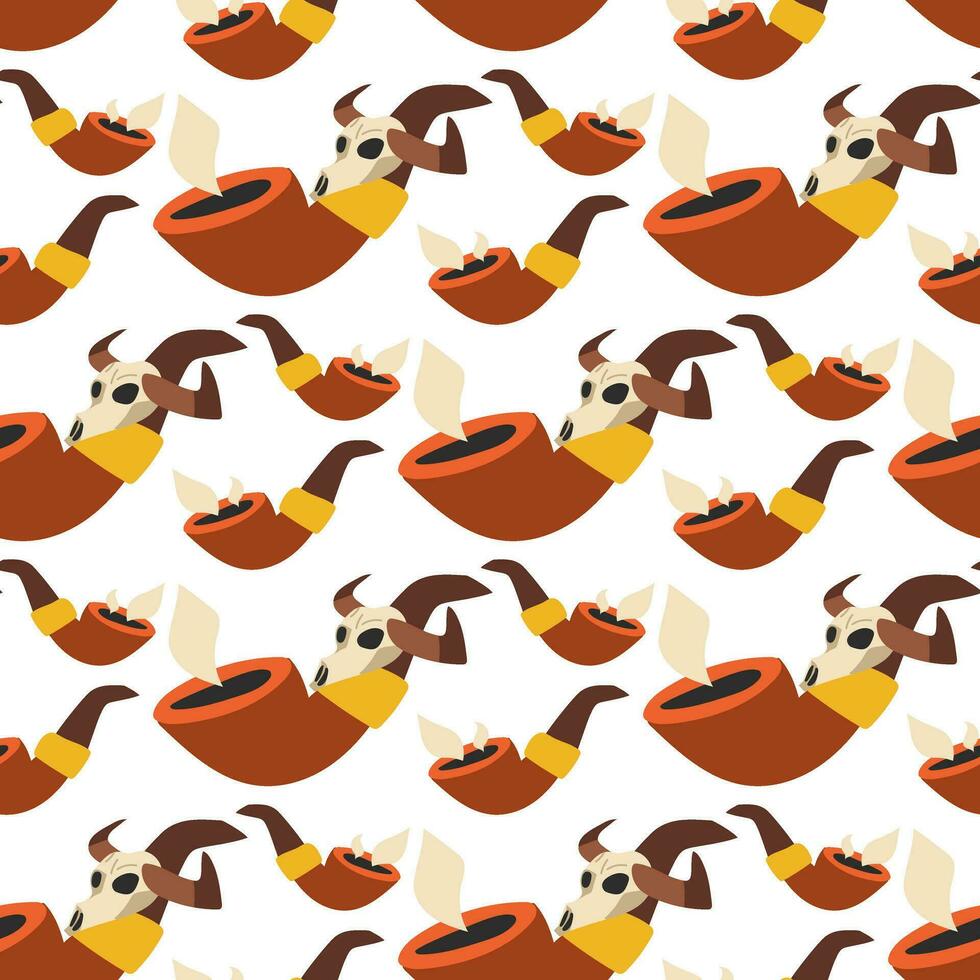 A Western-style pattern with the image of a smoking pipe and a decorative element skull in the color scheme of the desert. Repetitive background for printing at a party vector