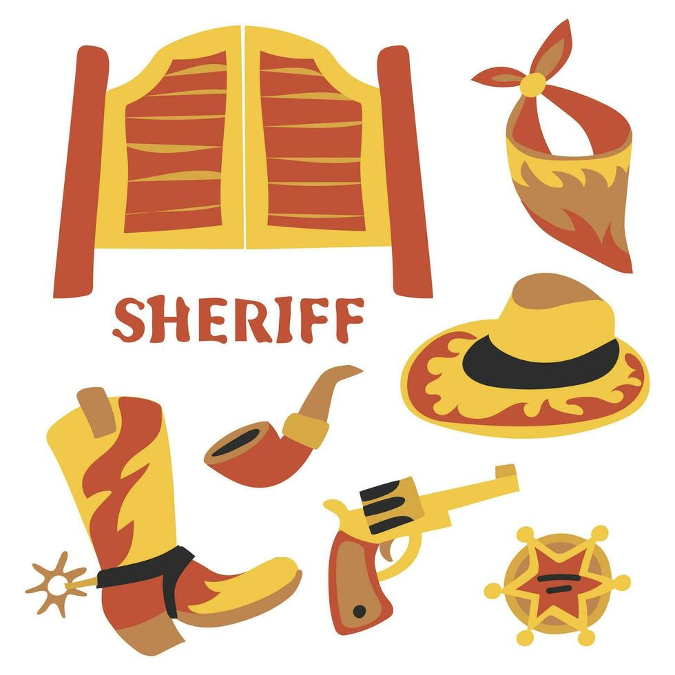 Cartoon sheriff western theme set. A set of Western sheriff's star badge, cowboy boot, hat, smoking pipe, commissariat door, bandana, revolver. Mini collection protection of citizens vector