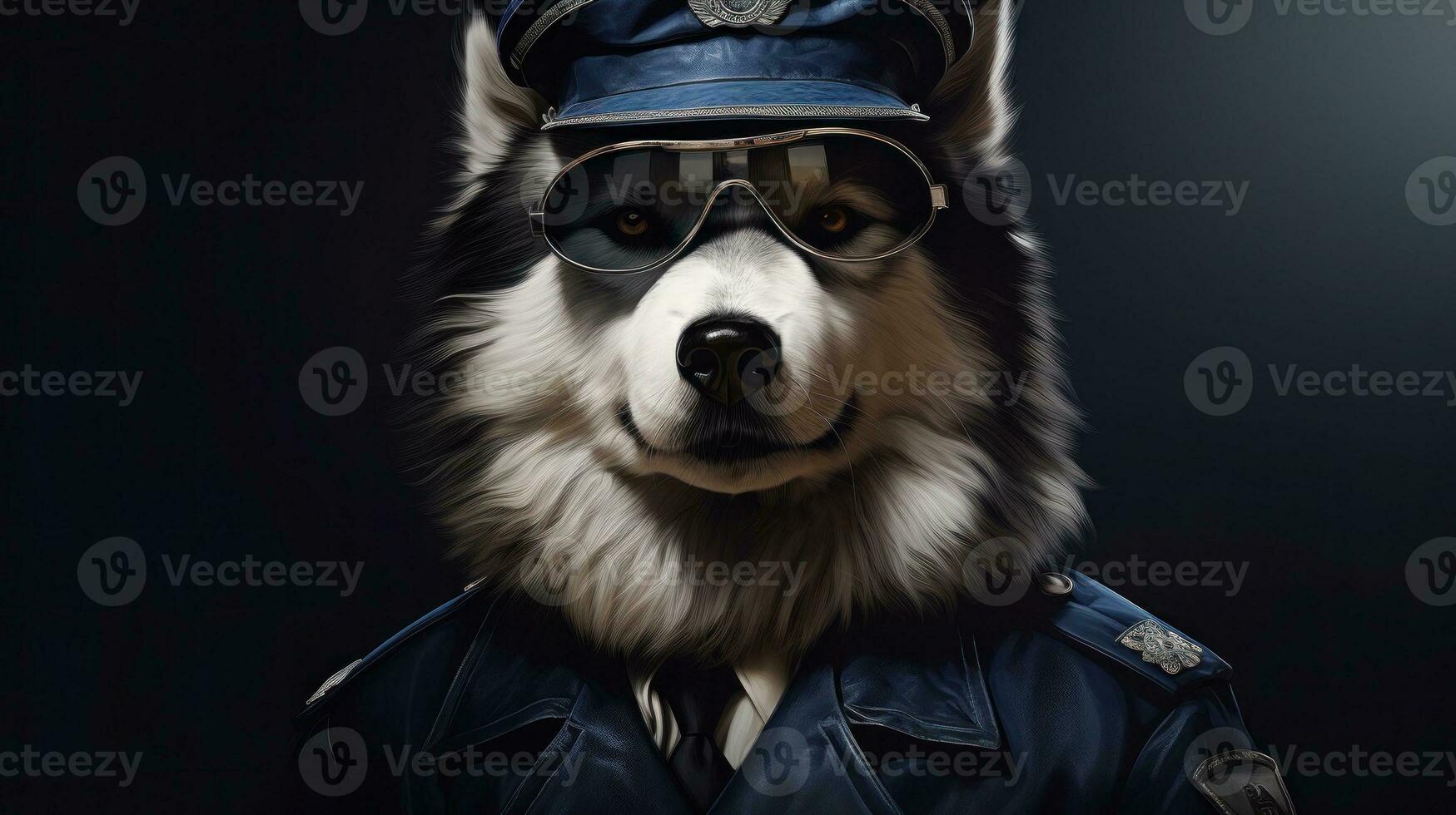 Alaskan Malamute dog in a police suit and outfit illustration, Alaskan Malamute funny dog puppy,Alaskan Malamute a is a funny dog,Pet are funny dog, funny animals, generative ai photo