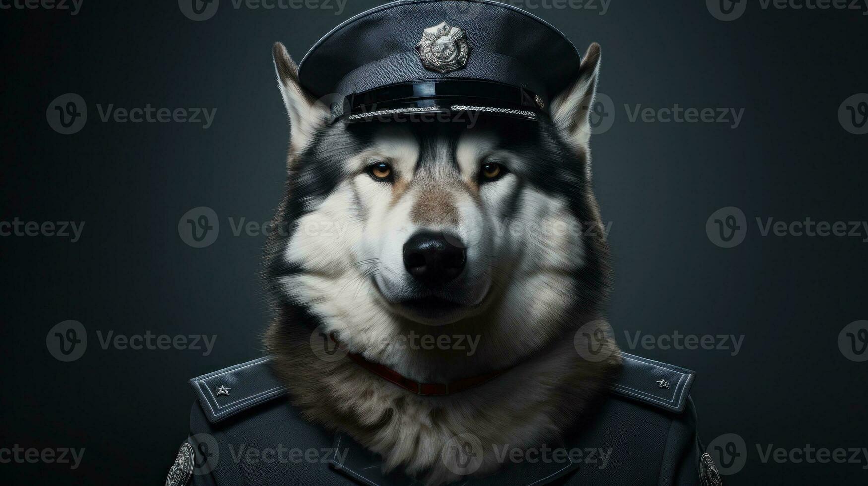 Alaskan Malamute dog in a police suit and outfit illustration, Alaskan Malamute funny dog puppy,Alaskan Malamute a is a funny dog,Pet are funny dog, funny animals, generative ai photo