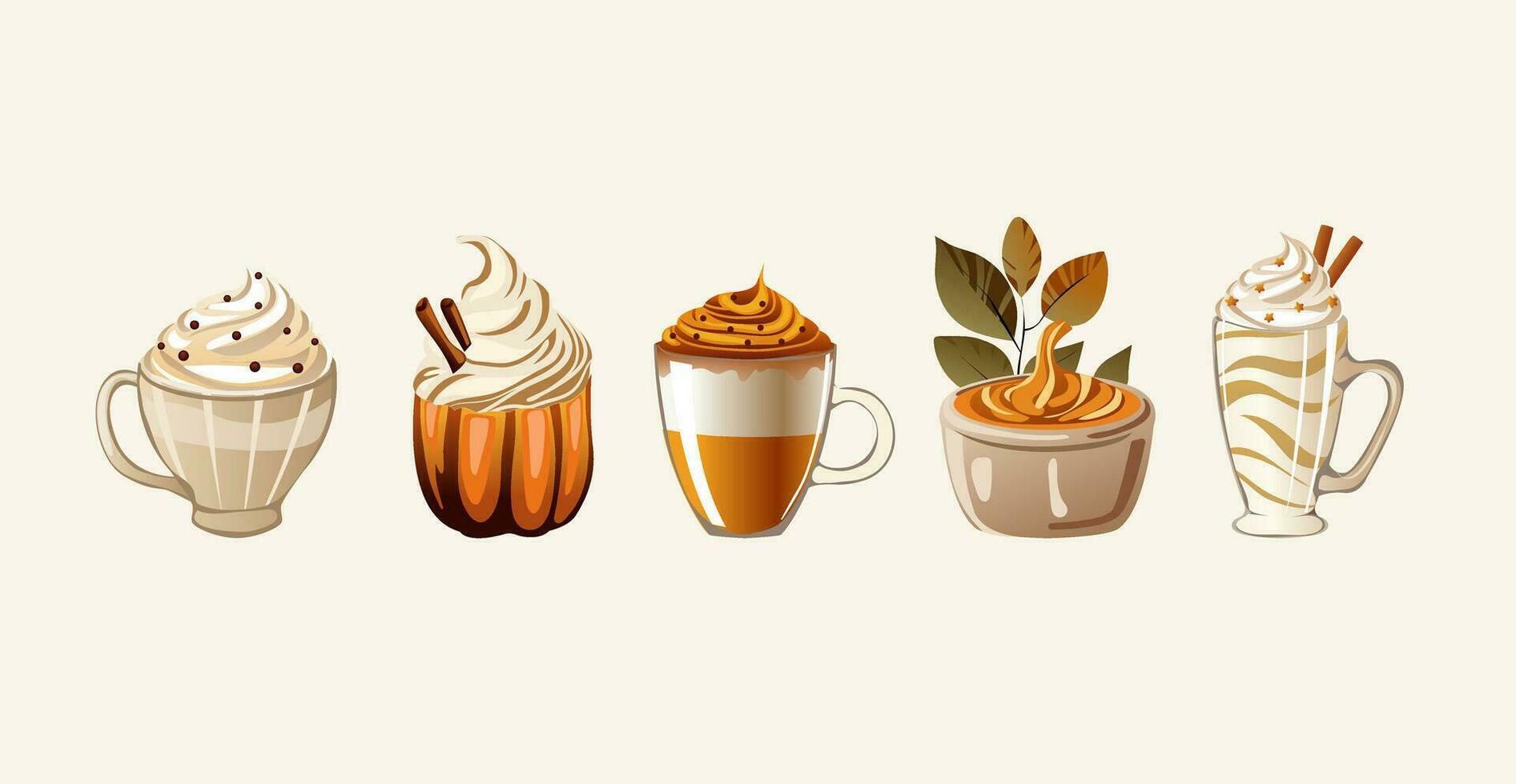 A set of autumn drinks and desserts. Can be used for advertising autumn-themed cafes or restaurants, Creating promotional materials for seasonal menus. Vector illustration.