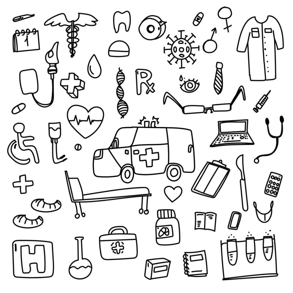 Vector illustration featuring a collection of medical-themed doodles, perfect for healthcare, medical presentations, and educational materials