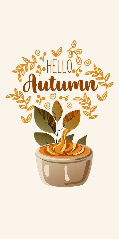 Hello autumn poster with autumn dessert. The poster can be used for seasonal greetings and invitations to autumn events such as festivals, Cafe and bakery advertising, Decor for restaurants vector