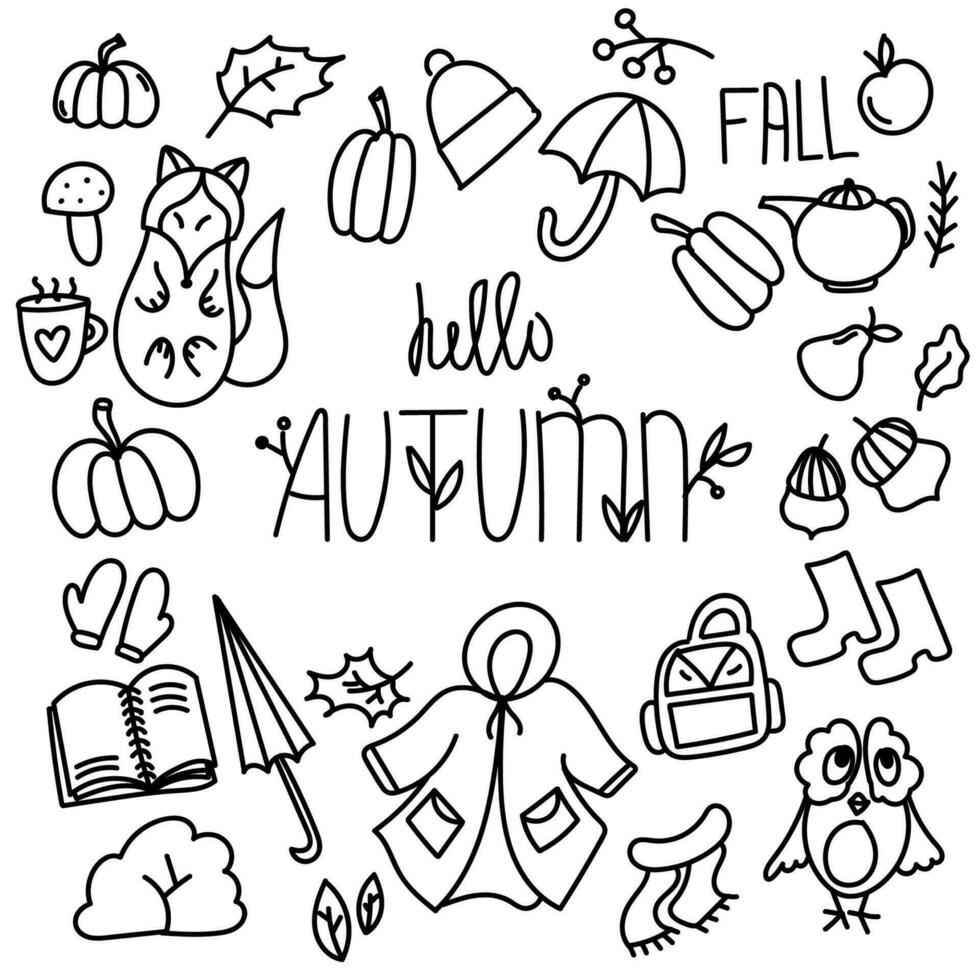 Vibrant autumn doodle illustration featuring colorful leaves, pumpkins, and acorns on a clean white background. Perfect for adding seasonal charm to your designs and creative projects. Vector