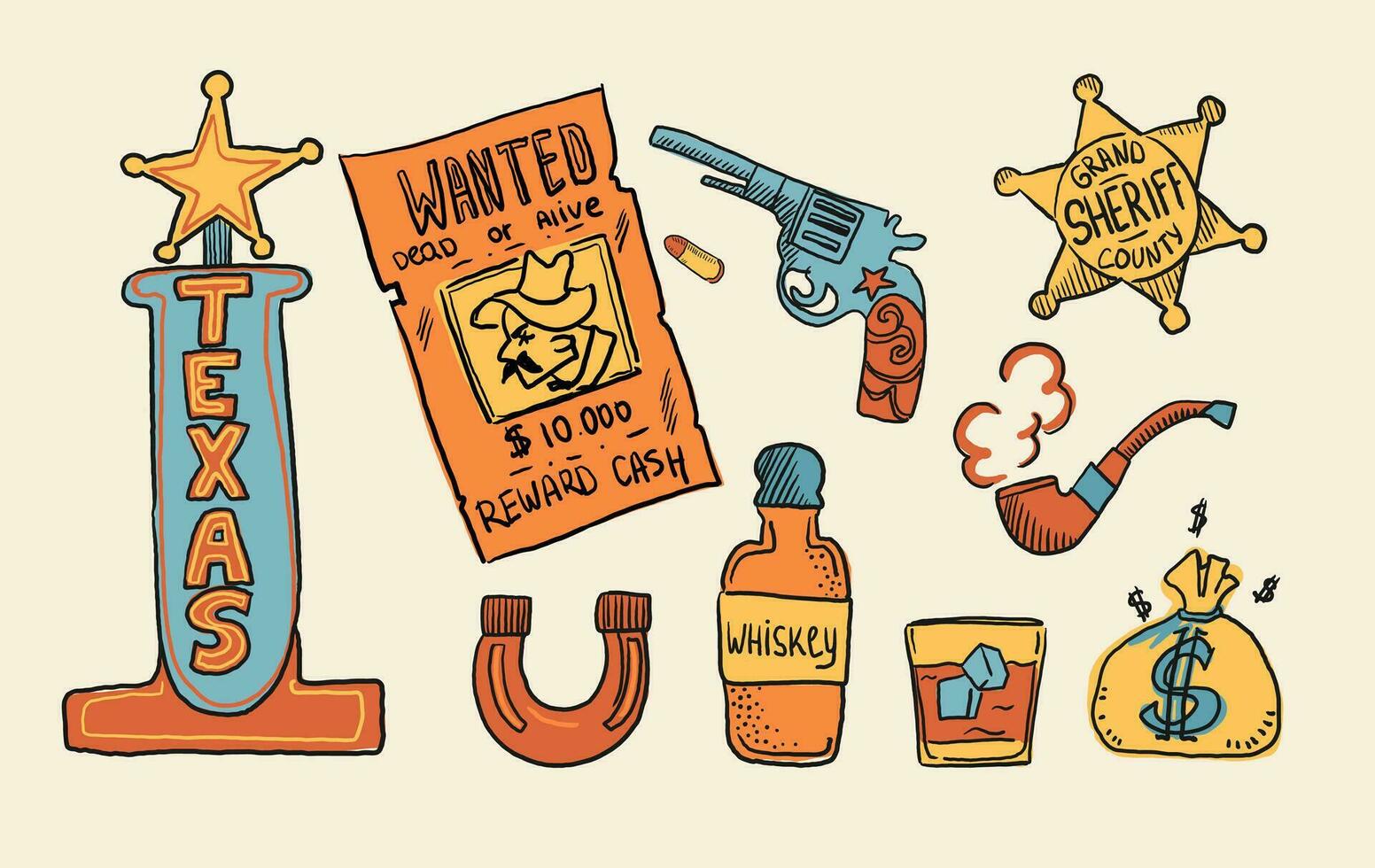 Cowboy western theme wild west concept. Includes elements such as a wanted list, a sheriff s badge, a revolver, a horseshoe, alcohol, a bag of days, a smoking pipe and a road sign. Vector