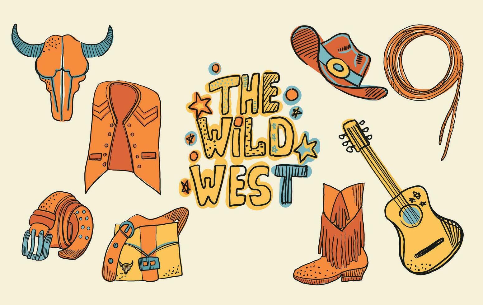 vaquero occidental tema salvaje Oeste concepto. incluye elementos tal como un toro cráneo, cinturón, guitarra, pérdida, sombrero, zapato, guitarra, bolsa, y chaleco. vector