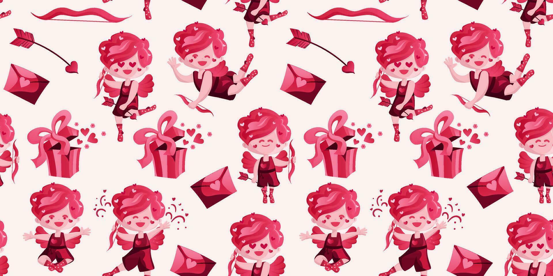 Pattern with cupid on Valentine s Day. Seamless pattern. Vector. Can be used to create charming and romantic designs for greeting cards, gift wrapping, stationery, or other love-themed materials. vector