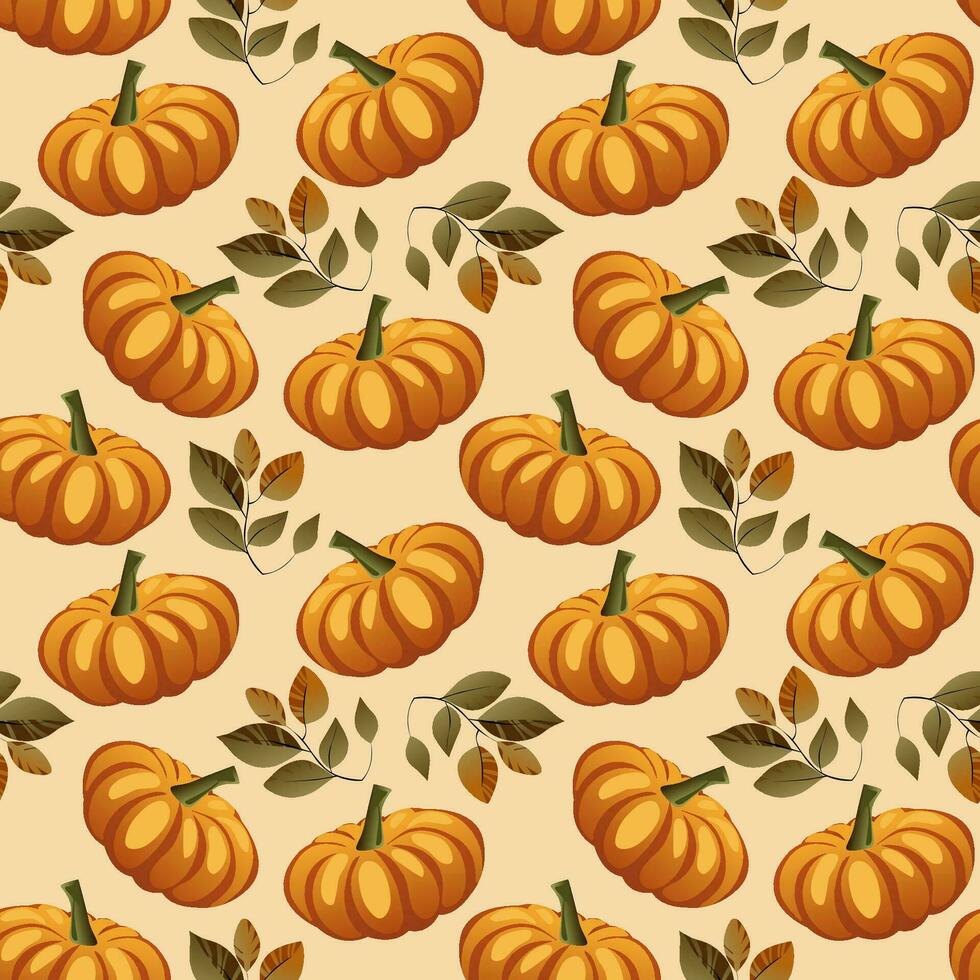 Autumn seamless pattern with pumpkins and leaves. Home decor, Textile design, Wrapping paper, Stationery, Scrapbooking, Digital wallpapers, Website backgrounds. Vector illustration.