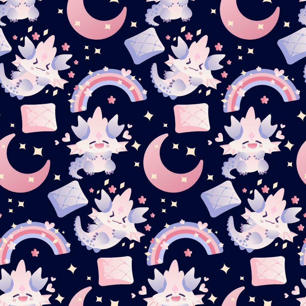 Children s seamless pattern with cute dragon, moon and rainbow. For designing greeting cards, invitations, notebooks, wrapping paper, or pattern on various children s clothing items such as t-shirts vector
