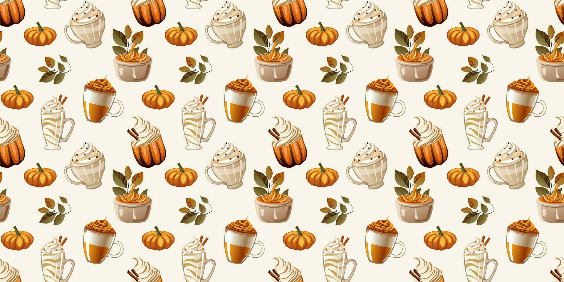 Autumn seamless pattern with drinks and desserts. Home decor, Textile design, Wrapping paper, Stationery, Scrapbooking, Digital wallpapers, Website backgrounds. Vector illustration.