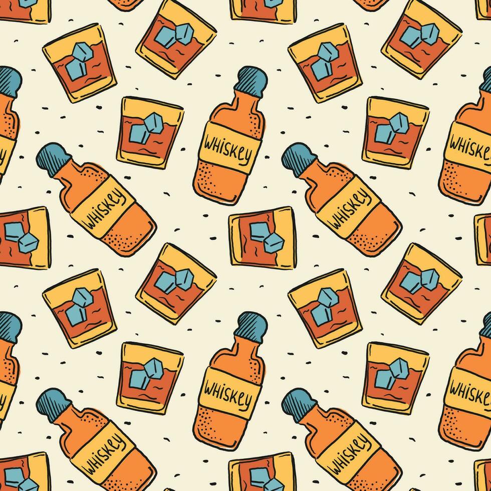 Alcohol is a seamless pattern. Whiskey and a glass. Doodle illustration, vector. can be used for designing bar menus, promotional materials vector