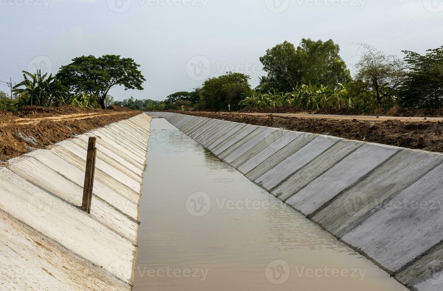 A view of a concrete wall attached to the soil. photo