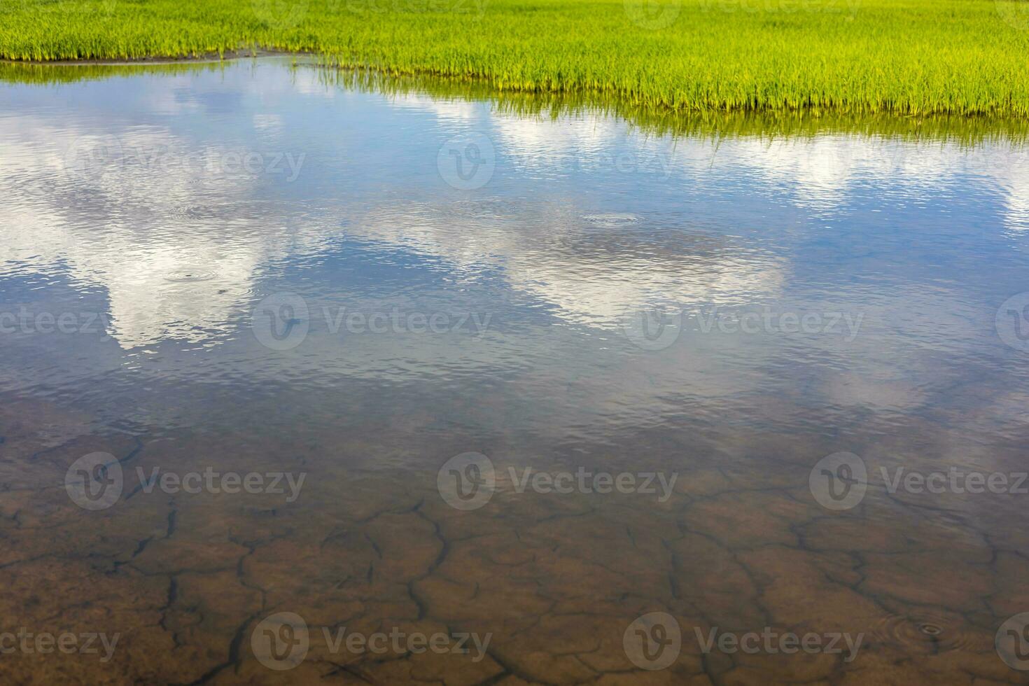 paisaje antecedentes superficie reflexión agua agrietado suelo con nublado cielo. foto