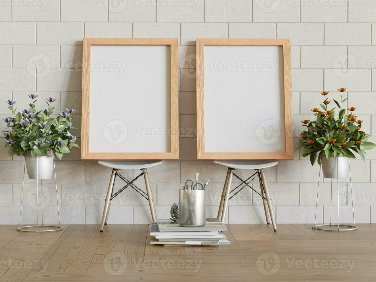 Frame with a beautiful flower and realistic wall and floor textures photo