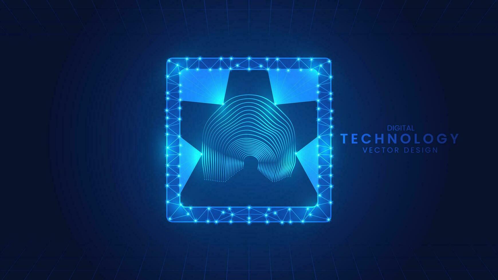 Fingerprint scanning, Digital biometric, security and identify. Blue glowing neon on dark background vector