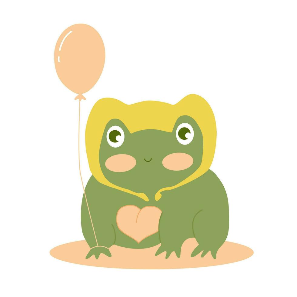 Little cute baby frog in headwear with balloon in hand. Vector illustration of reptile animal. Picture of childs drawing style.