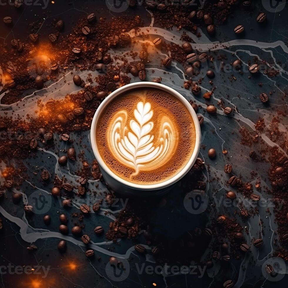 Coffee cup with latte art on coffee beans background.AI Generative photo