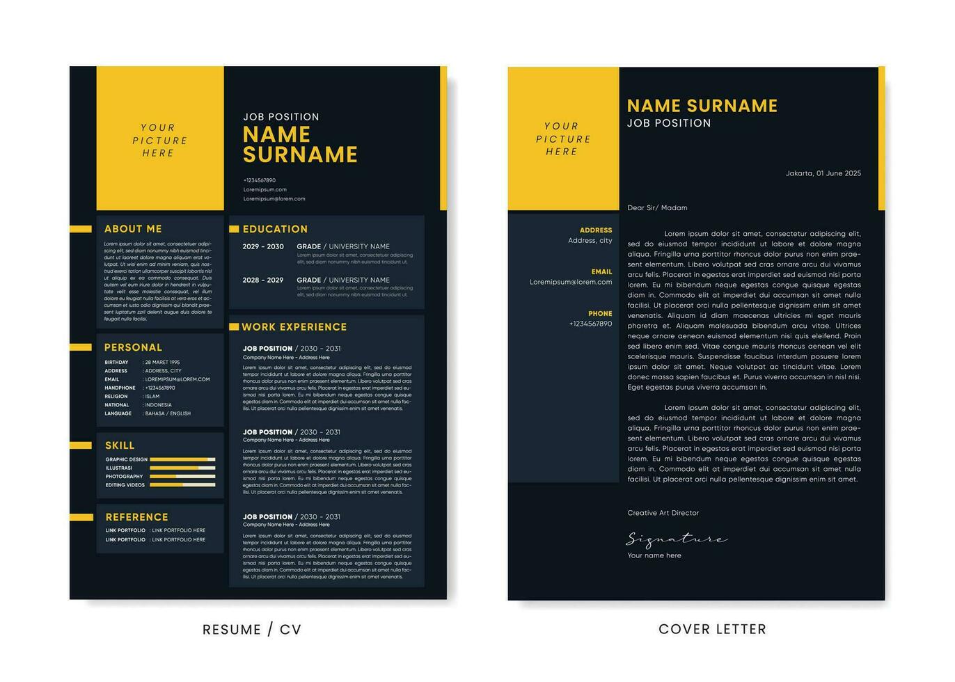 minimalista CV currículum y cubrir letra diseño modelo. plan de estudios vitae limpiar y claro profesional moderno diseño. elegante minimalista elementos y íconos con amarillo y negro color - vector modelo.