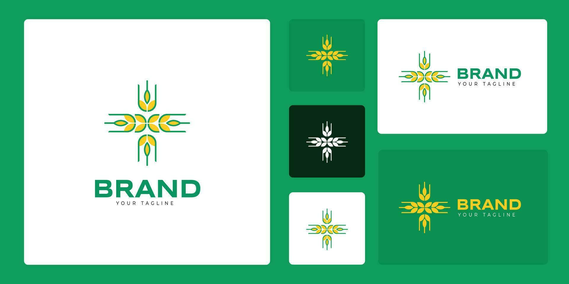 arroz o trigo granja logo diseño. el diseño es en el formar de un icono o modelo con un combinación de verde y amarillo. vector