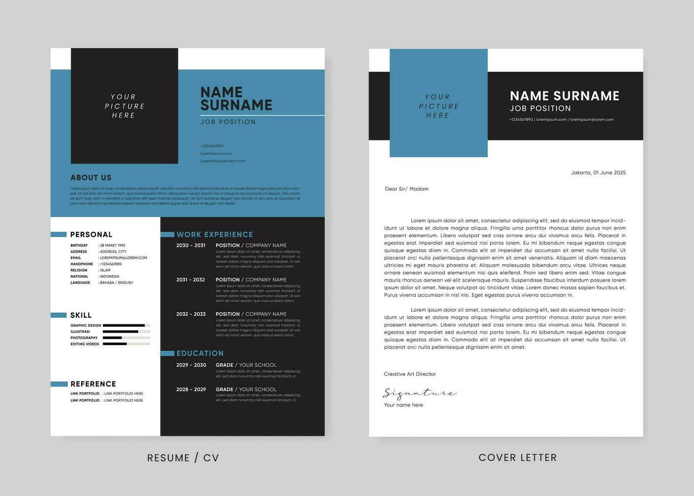 Minimalist CV Resume and Cover Letter Design Template. Curriculum Vitae Clean and Clear Professional Modern Design. Stylish Minimalist Elements and Icons with blue and black Color - Vector Template.